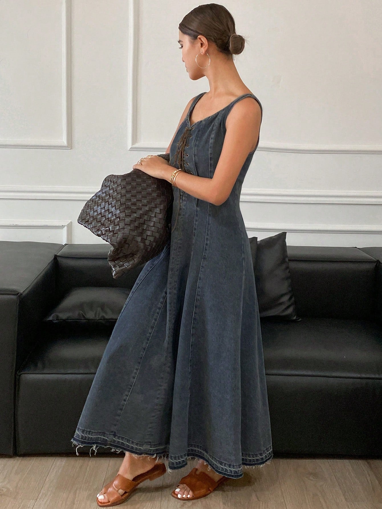 CM-DS055397 Women Casual Seoul Style Backless Pinafore Cinched Waist Decor Distressed Denim Dress