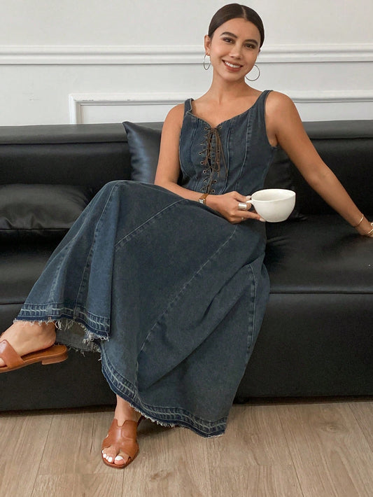 CM-DS055397 Women Casual Seoul Style Backless Pinafore Cinched Waist Decor Distressed Denim Dress