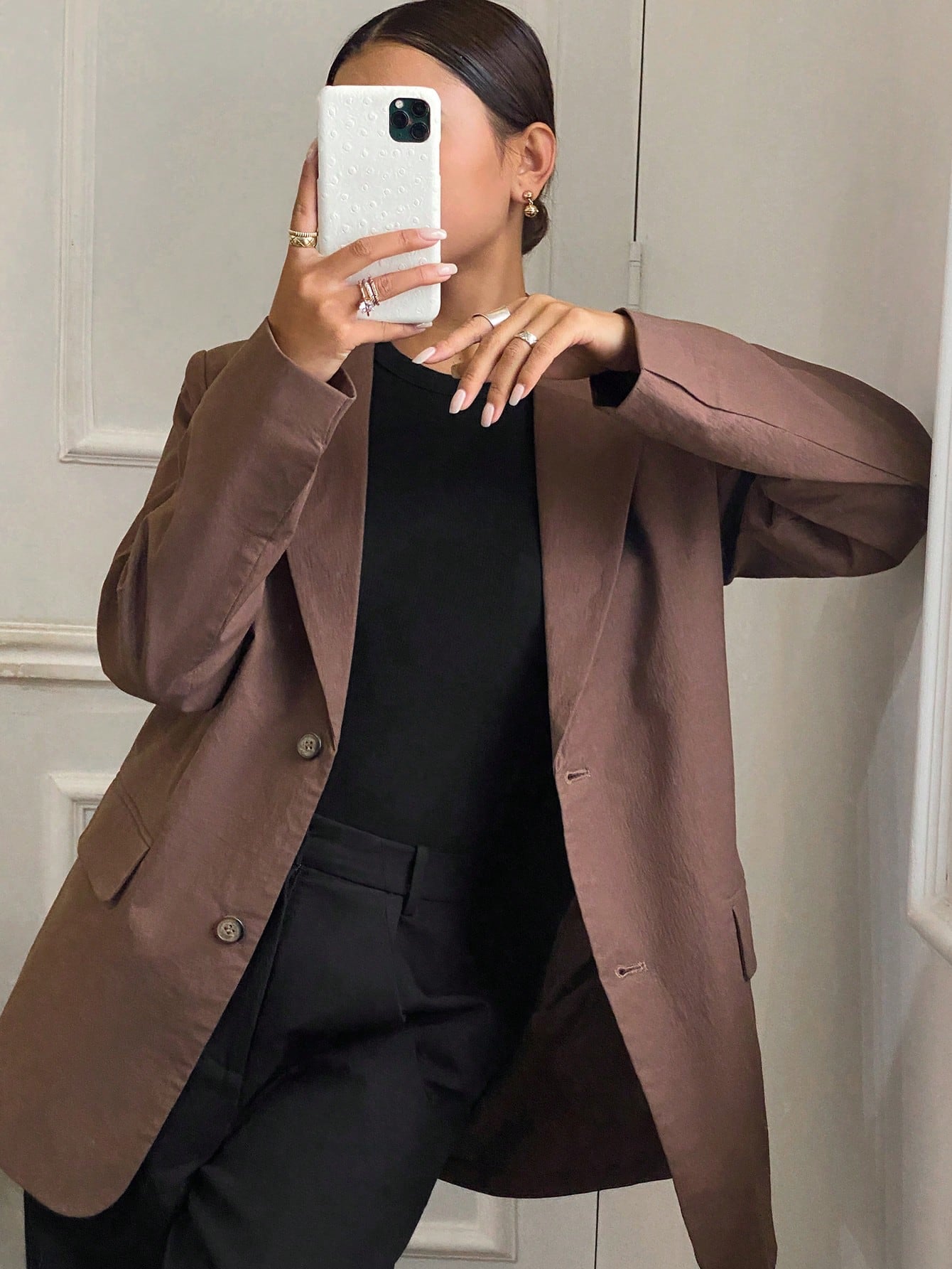 CM-CS373712 Women Casual Seoul Style Solid Color Lapel Long Sleeve Loose Fit Pocket Blazer - Brown