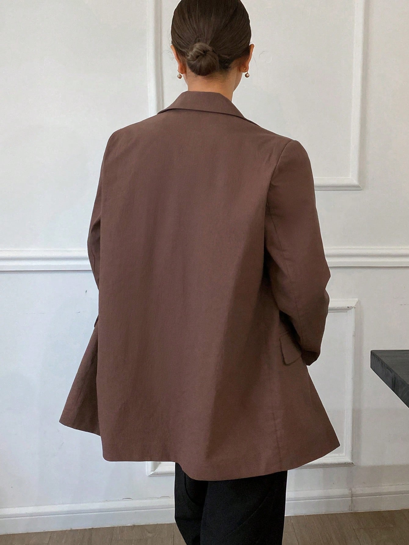 CM-CS373712 Women Casual Seoul Style Solid Color Lapel Long Sleeve Loose Fit Pocket Blazer - Brown