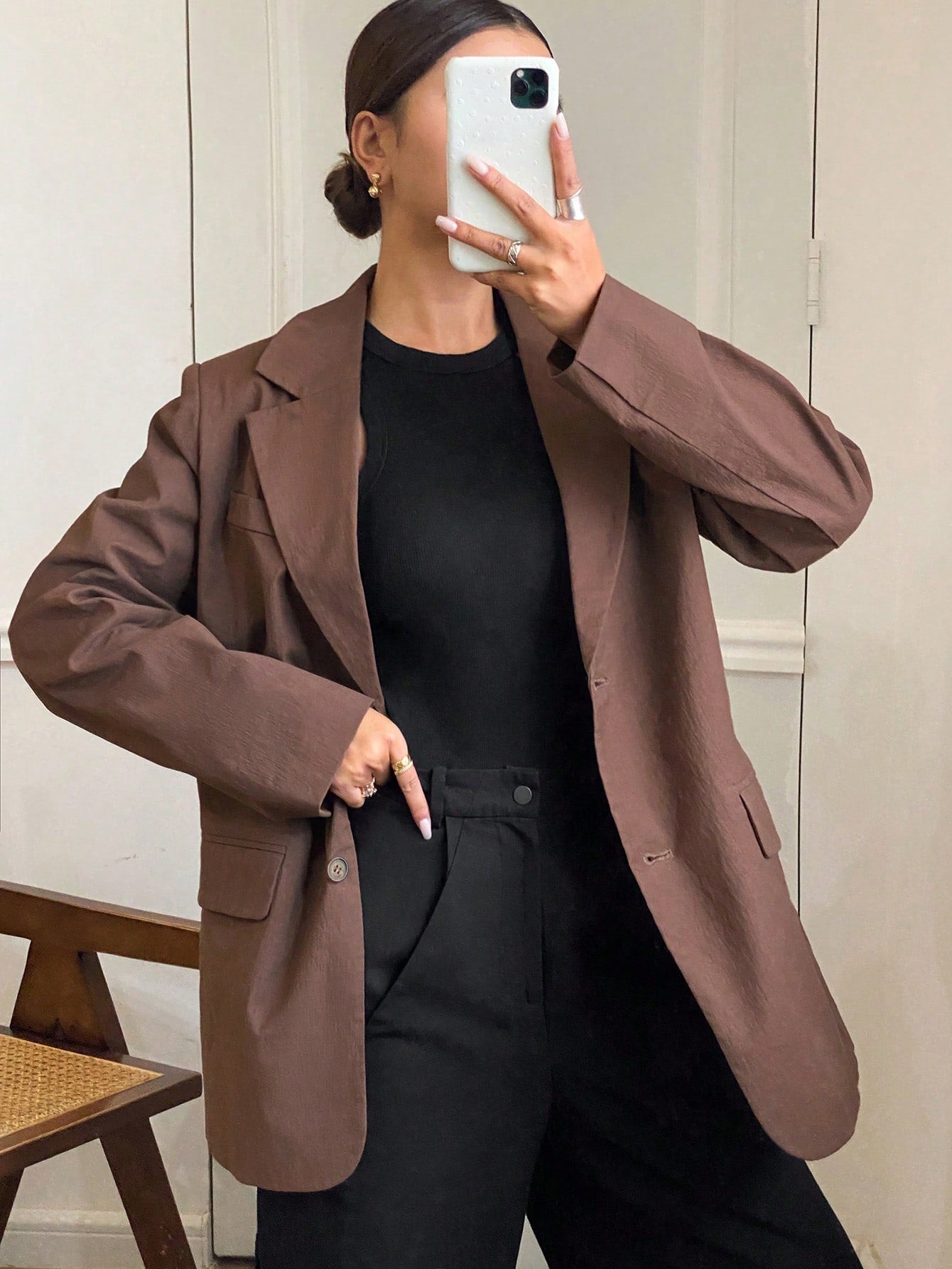 CM-CS373712 Women Casual Seoul Style Solid Color Lapel Long Sleeve Loose Fit Pocket Blazer - Brown