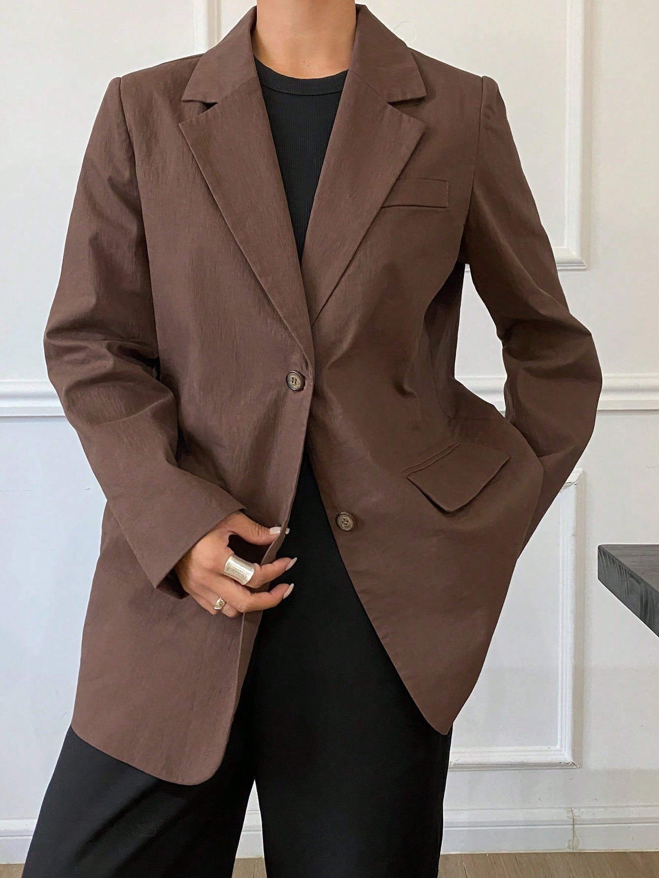 CM-CS373712 Women Casual Seoul Style Solid Color Lapel Long Sleeve Loose Fit Pocket Blazer - Brown