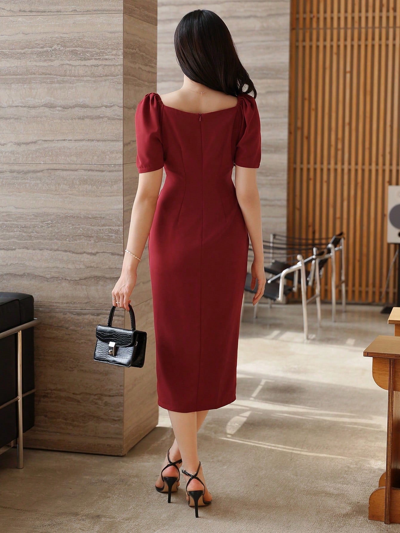 CM-DS718762 Women Elegant Seoul Style Sweetheart Neckline Puff Sleeve Asymmetric Ruched Slit Midi Dress - Burgundy