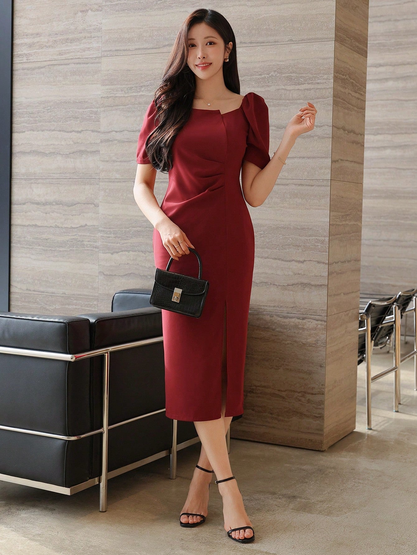 CM-DS718762 Women Elegant Seoul Style Sweetheart Neckline Puff Sleeve Asymmetric Ruched Slit Midi Dress - Burgundy