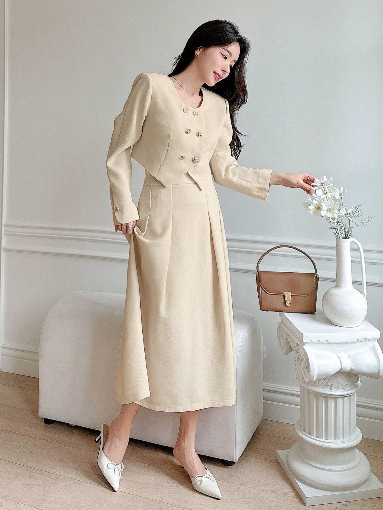 CM-SS662467 Women Elegant Seoul Style Solid Round Neck Puff Sleeve Cropped Jacket With Long Skirt - Set