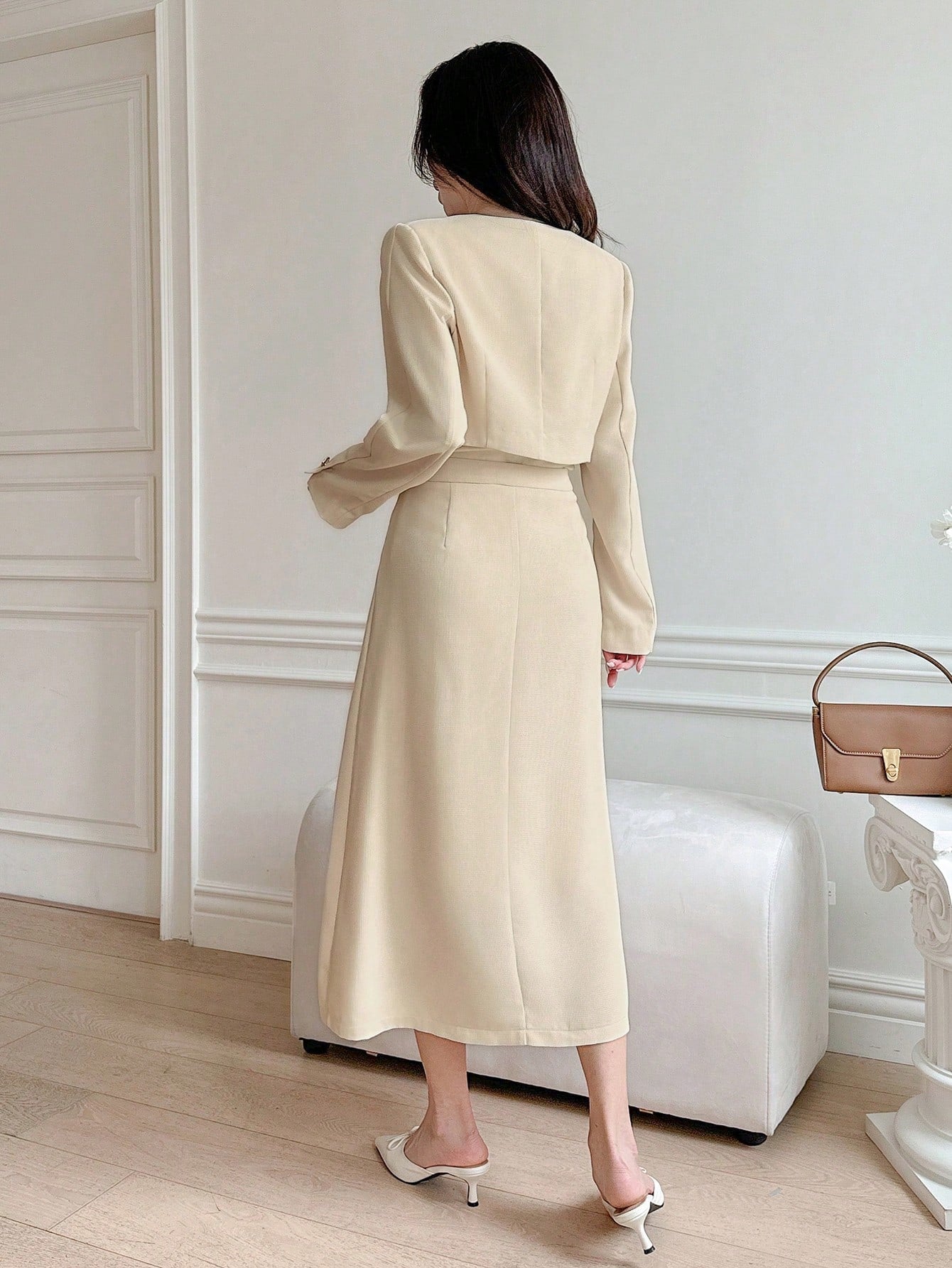 CM-SS662467 Women Elegant Seoul Style Solid Round Neck Puff Sleeve Cropped Jacket With Long Skirt - Set