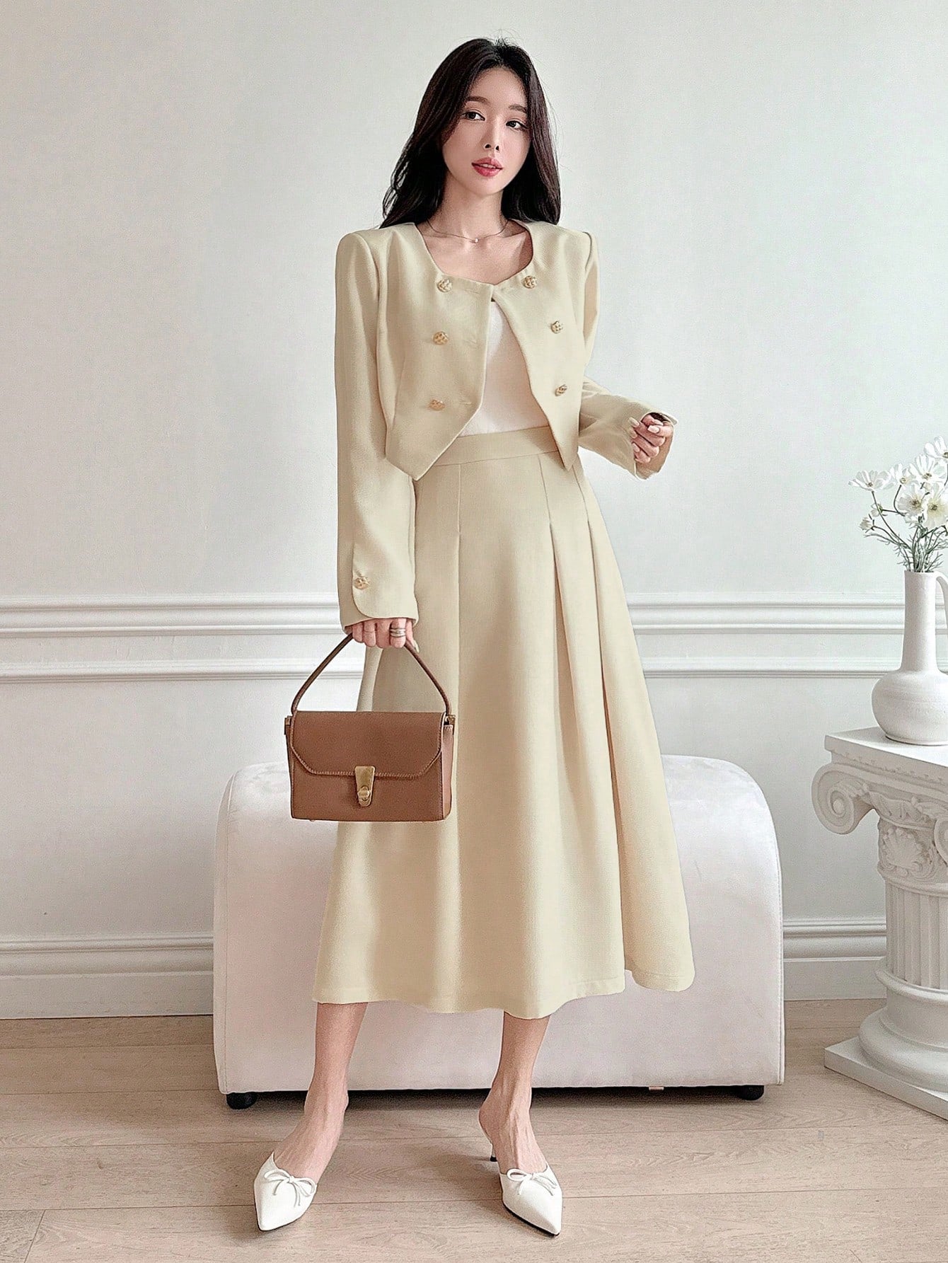 CM-SS662467 Women Elegant Seoul Style Solid Round Neck Puff Sleeve Cropped Jacket With Long Skirt - Set