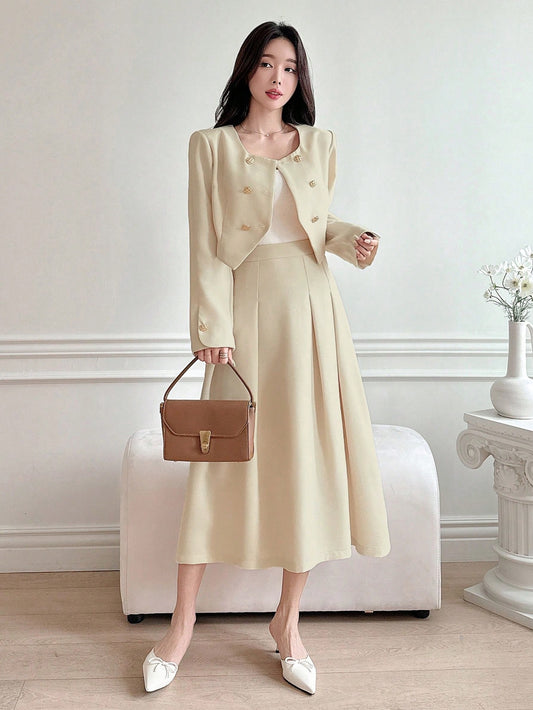 CM-SS662467 Women Elegant Seoul Style Solid Round Neck Puff Sleeve Cropped Jacket With Long Skirt - Set