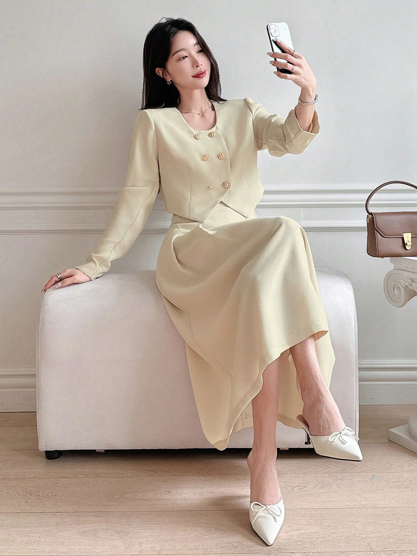 CM-SS662467 Women Elegant Seoul Style Solid Round Neck Puff Sleeve Cropped Jacket With Long Skirt - Set
