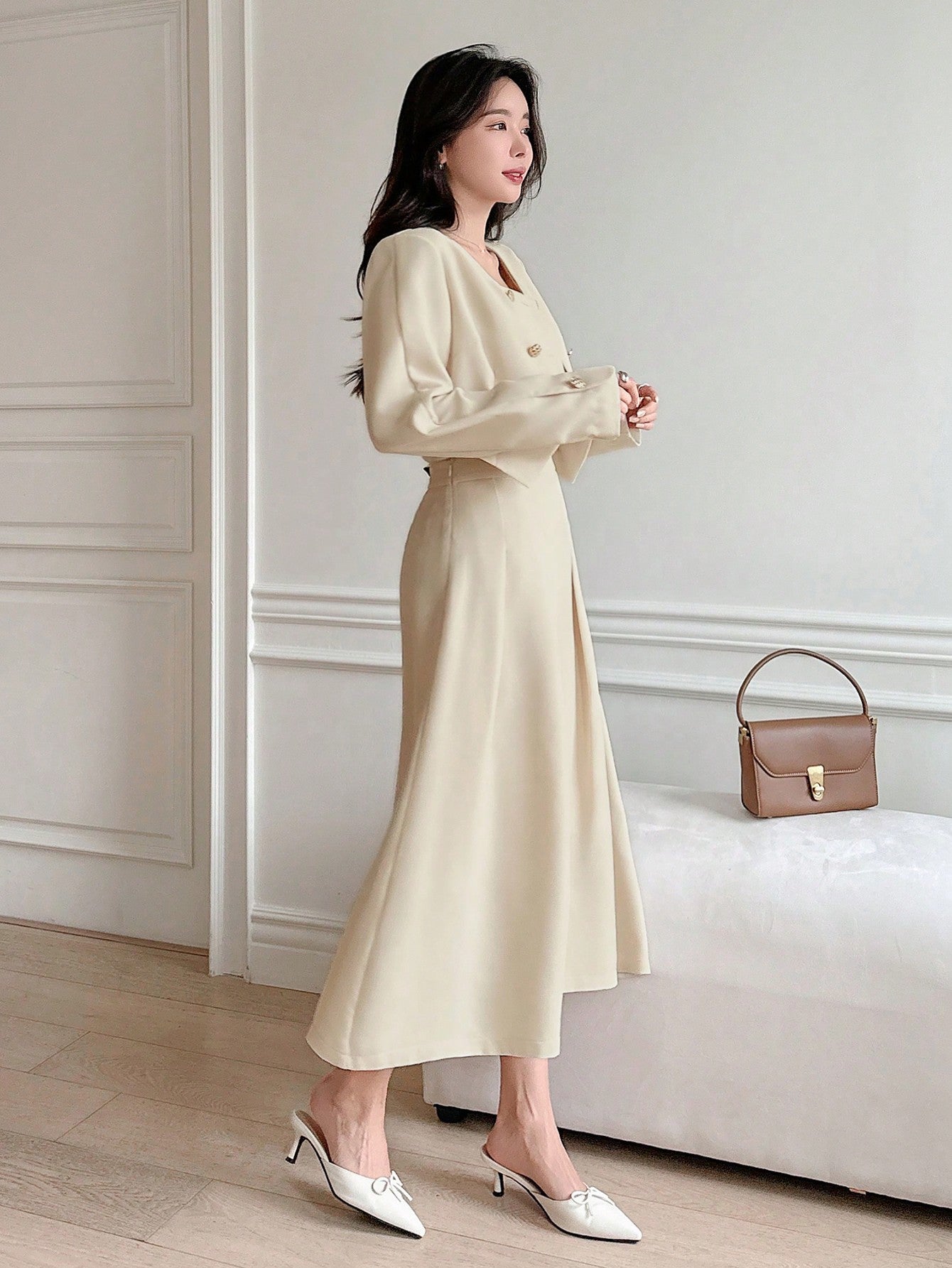 CM-SS662467 Women Elegant Seoul Style Solid Round Neck Puff Sleeve Cropped Jacket With Long Skirt - Set