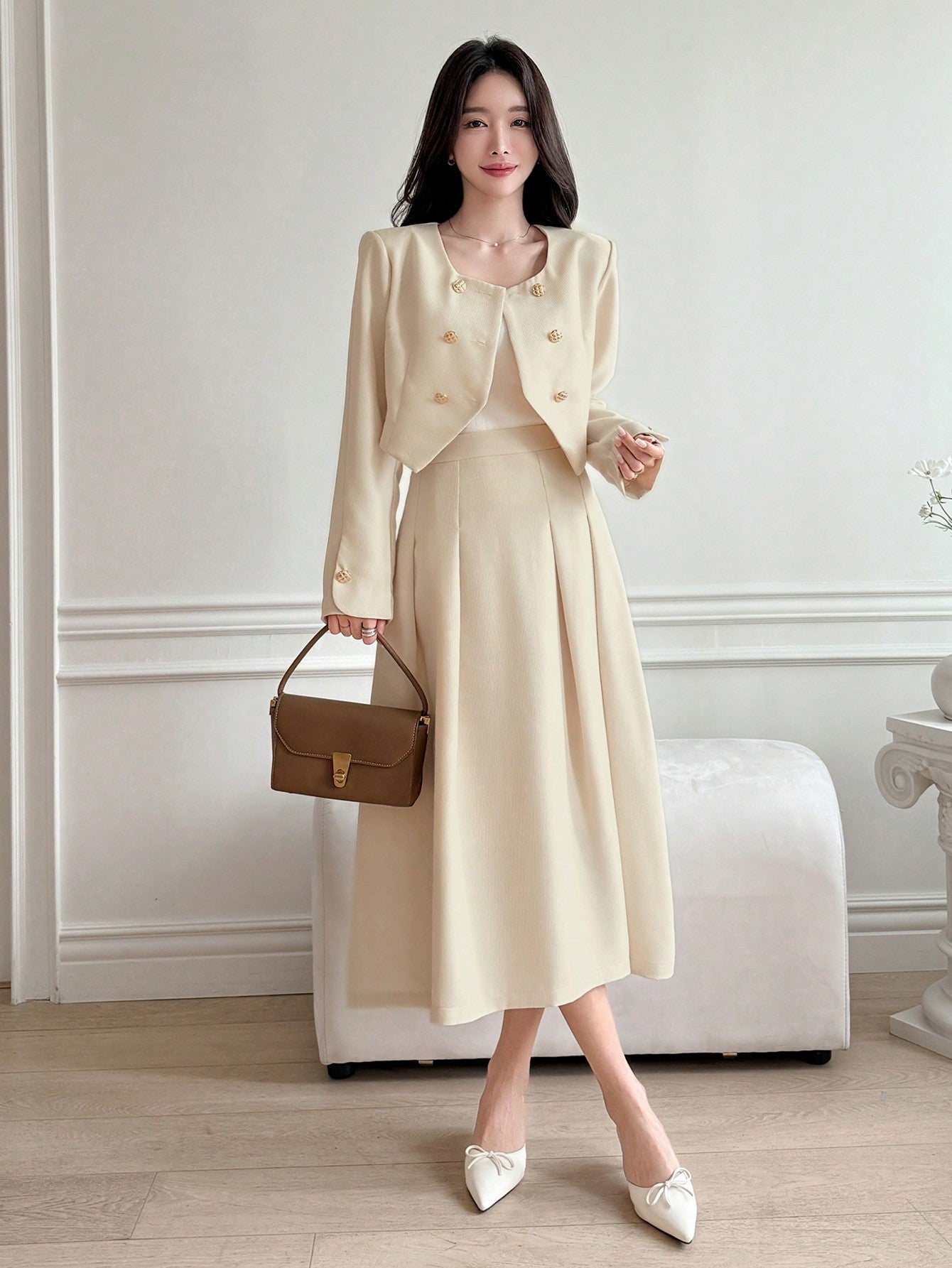 CM-SS662467 Women Elegant Seoul Style Solid Round Neck Puff Sleeve Cropped Jacket With Long Skirt - Set