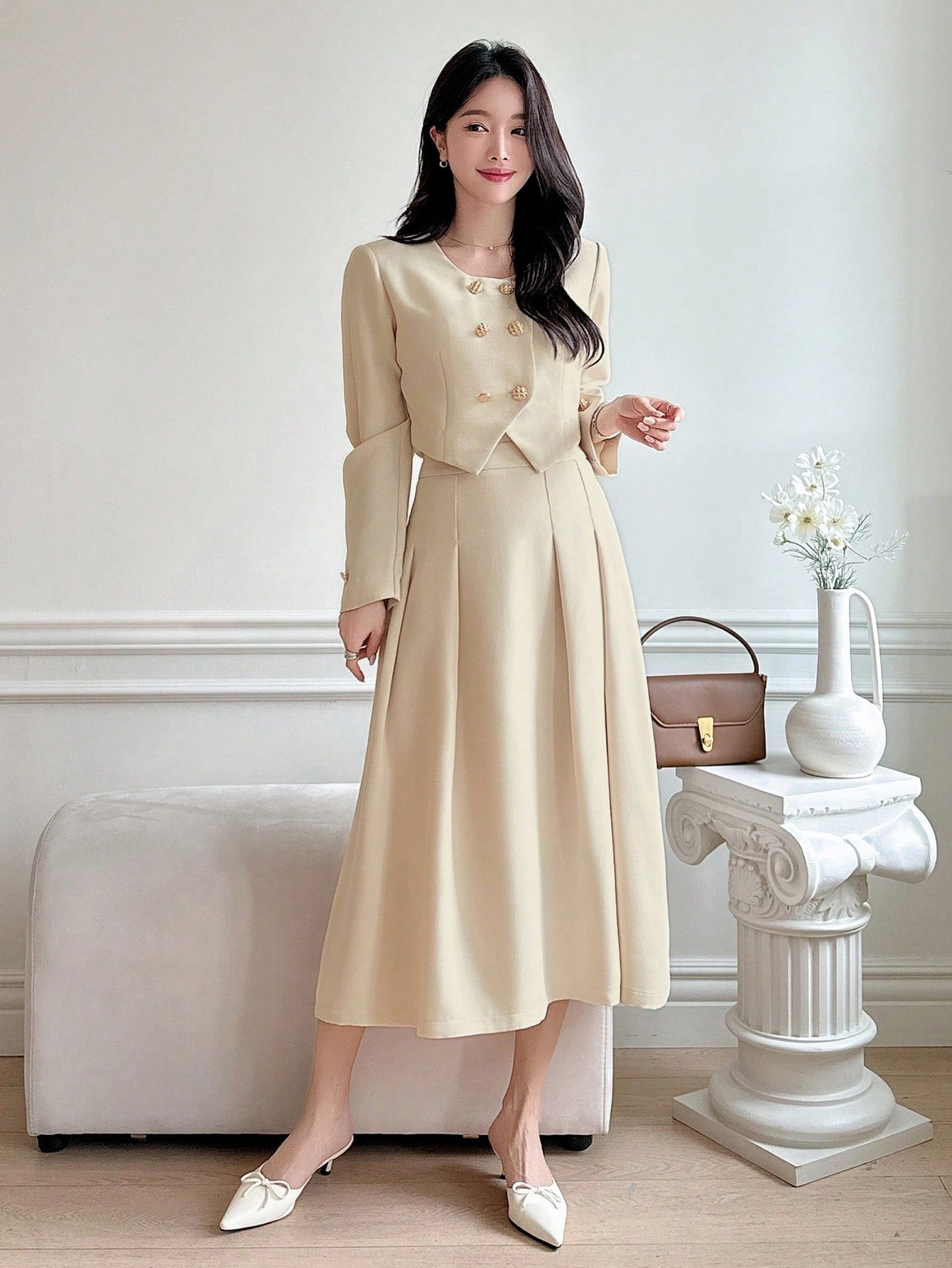 CM-SS662467 Women Elegant Seoul Style Solid Round Neck Puff Sleeve Cropped Jacket With Long Skirt - Set