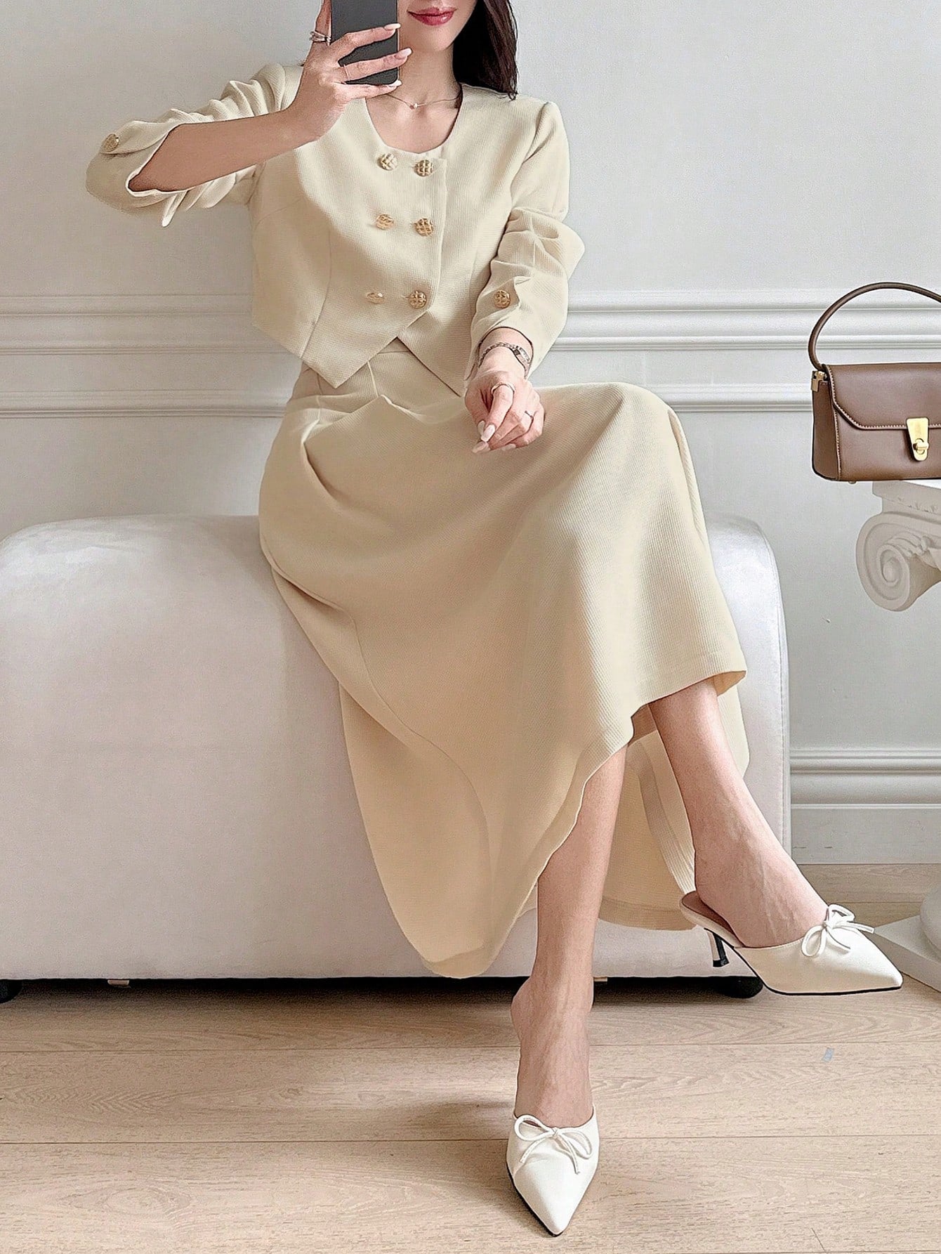 CM-SS662467 Women Elegant Seoul Style Solid Round Neck Puff Sleeve Cropped Jacket With Long Skirt - Set