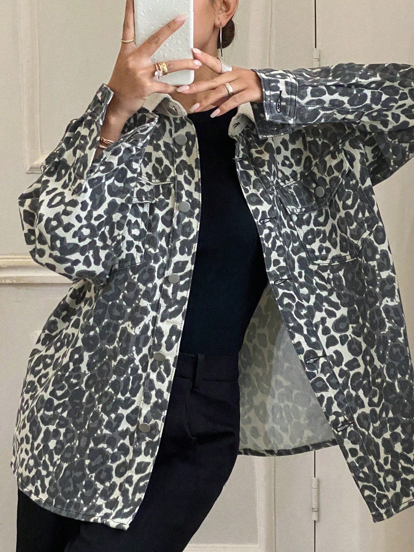 CM-CS625327 Women Casual Seoul Style Leopard Print Collar Necline Drop Shoulder Denim Jacket - Brown