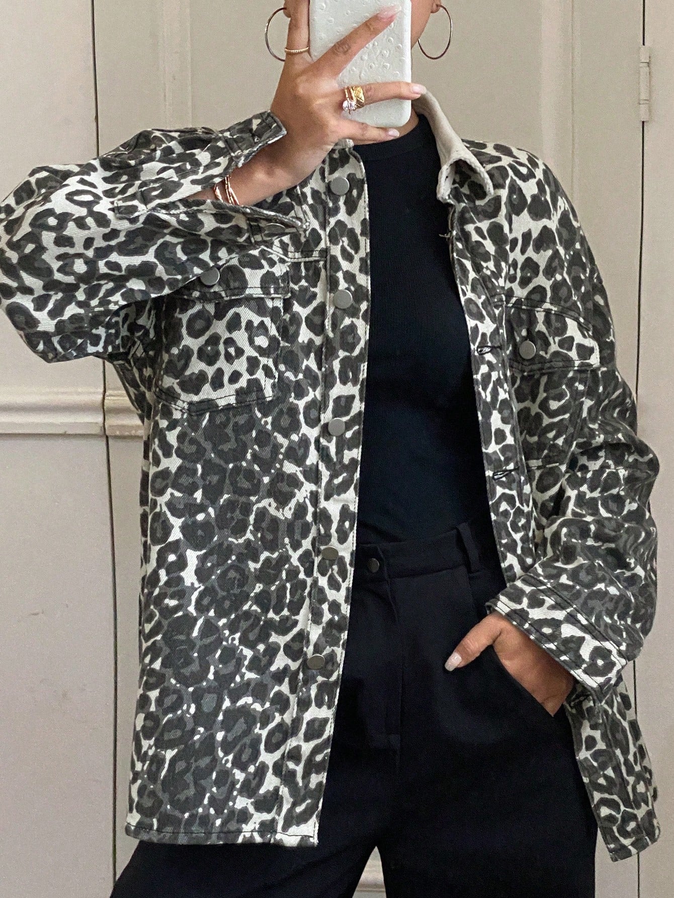 CM-CS625327 Women Casual Seoul Style Leopard Print Collar Necline Drop Shoulder Denim Jacket - Brown