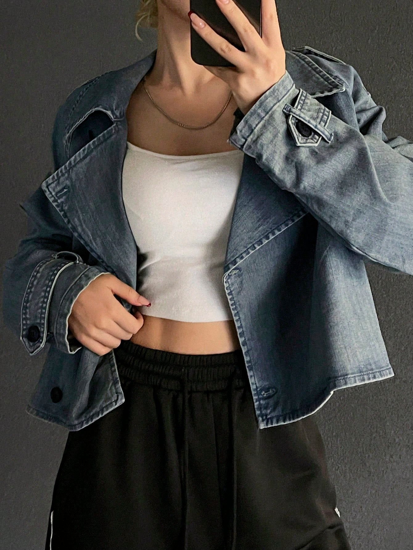 CM-CS909168 Women Casual Seoul Style Medium Wash Lapel Neckline Drop Shoulder Oversized Denim Jacket