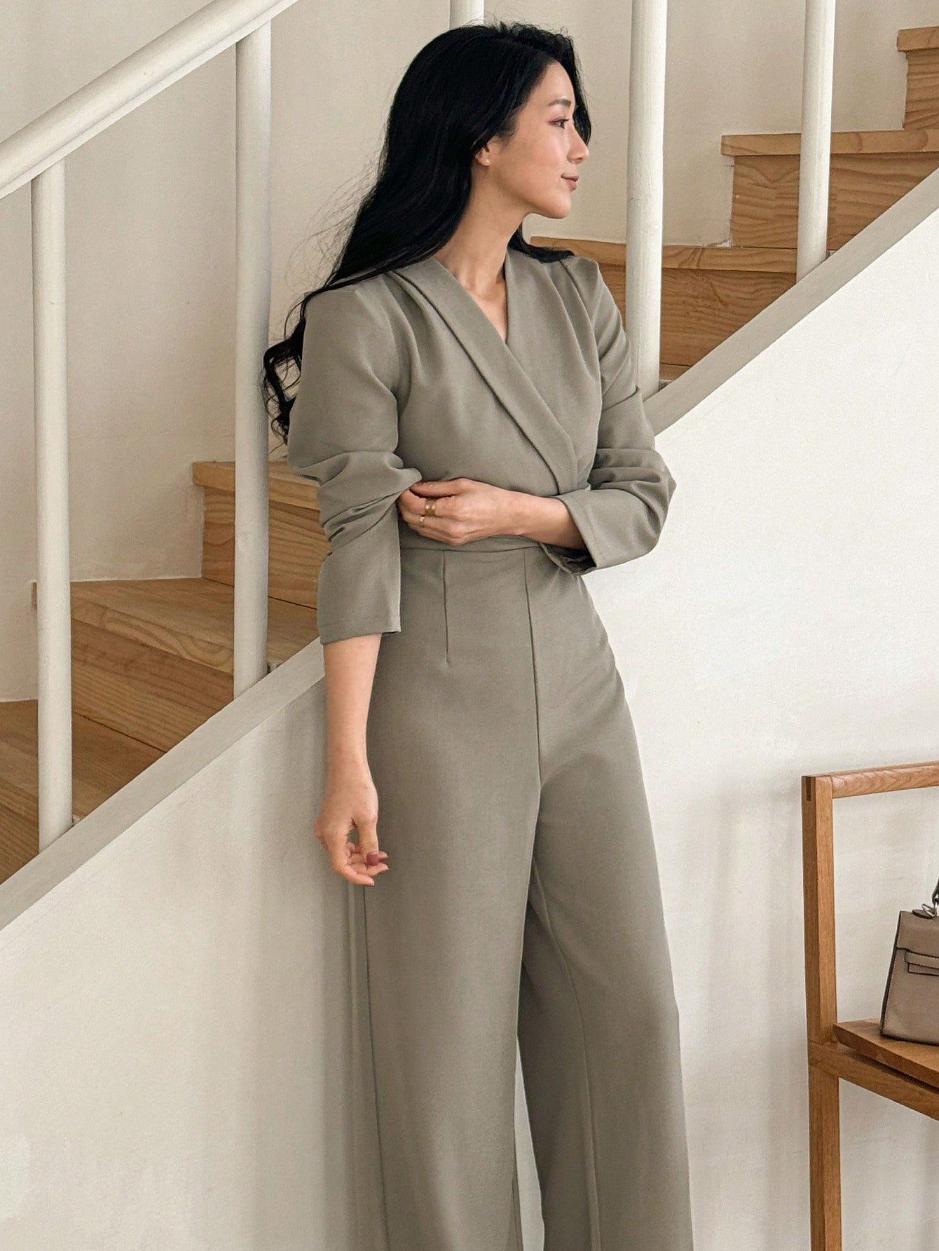 CM-JS007479 Women Elegant Seoul Style Lapel Collar Long Sleeve High Waist Jumpsuit - Khaki