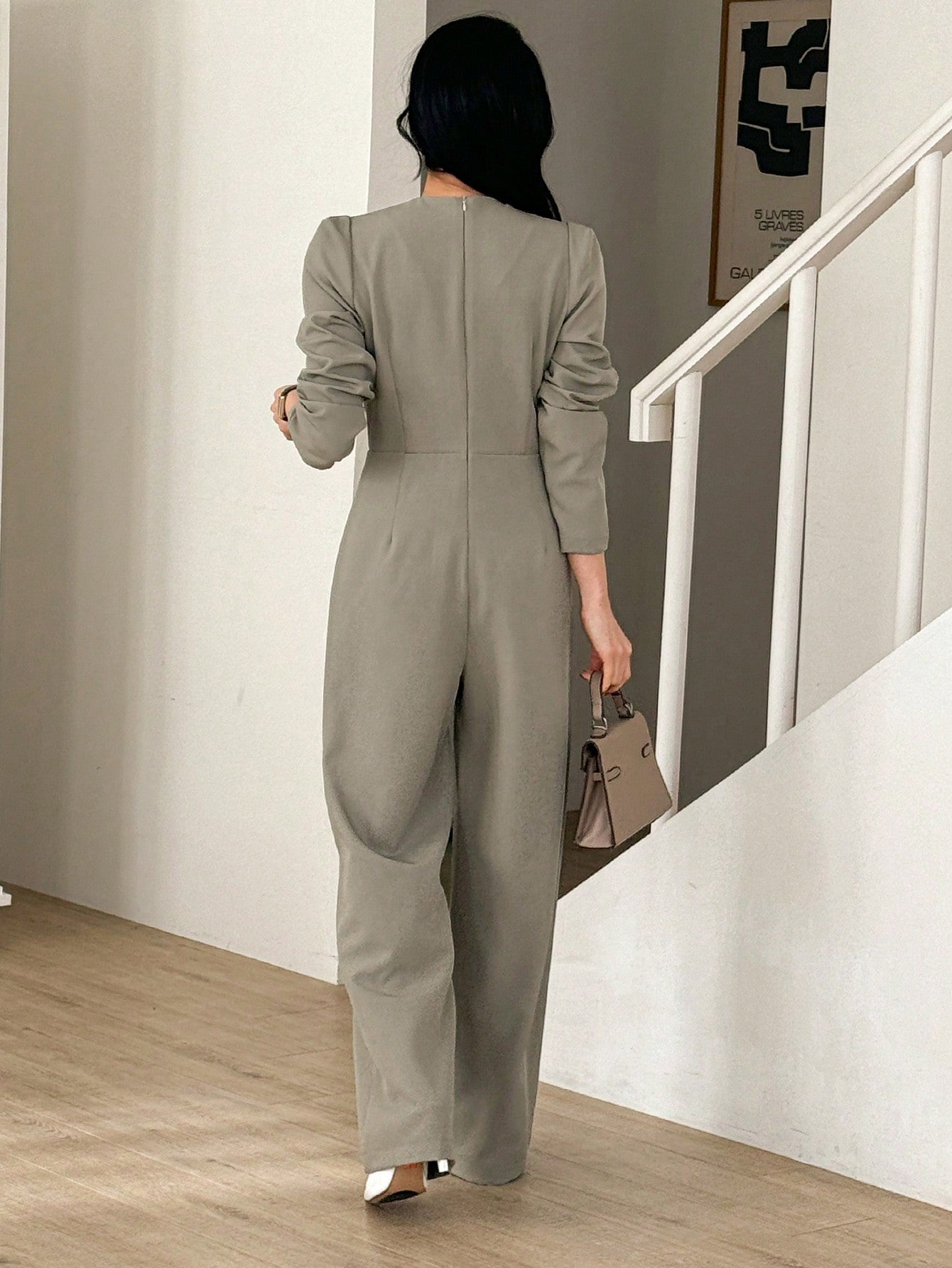 CM-JS007479 Women Elegant Seoul Style Lapel Collar Long Sleeve High Waist Jumpsuit - Khaki