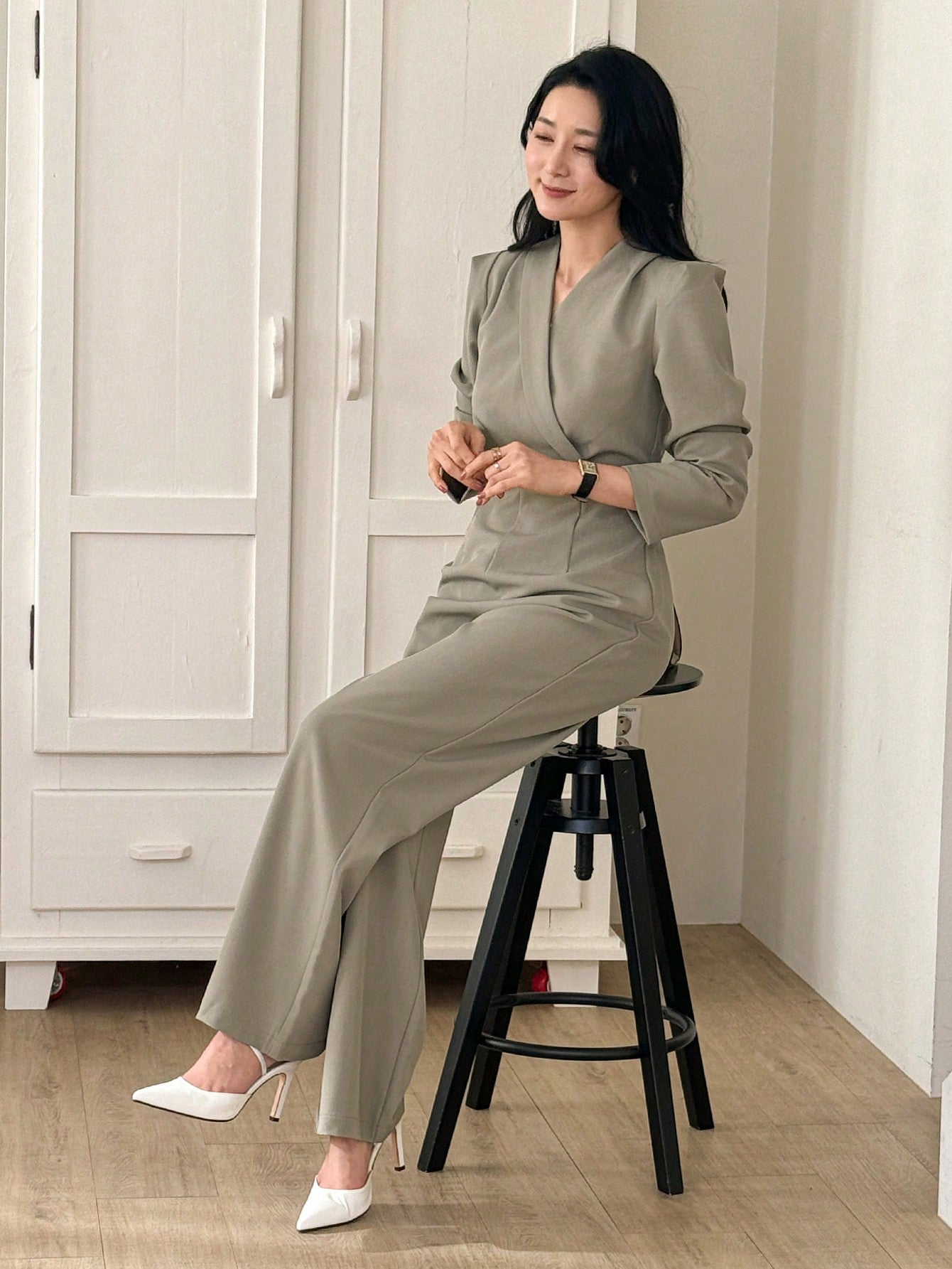 CM-JS007479 Women Elegant Seoul Style Lapel Collar Long Sleeve High Waist Jumpsuit - Khaki