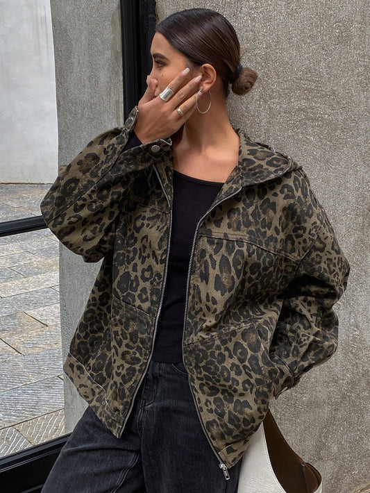 CM-CS941597 Women Casual Seoul Style Leopard Print Hooded Zip-Up Oversized Denim Jacket