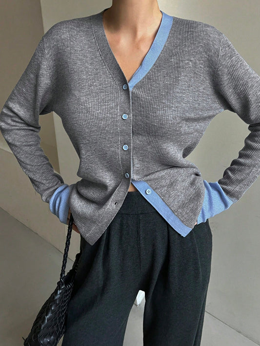 CM-CS444459 Women Casual Seoul Style Color-Block Trim Button-Up V-Neck Cardigan Sweater - Gray