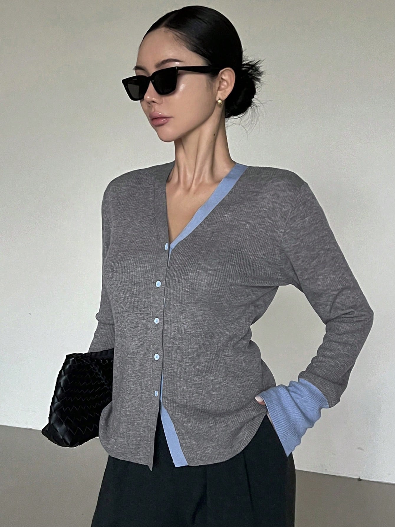 CM-CS444459 Women Casual Seoul Style Color-Block Trim Button-Up V-Neck Cardigan Sweater - Gray