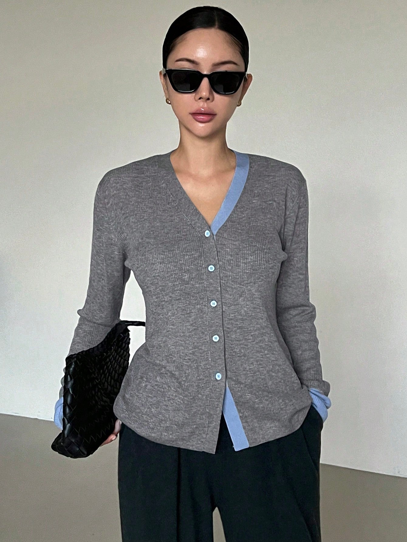 CM-CS444459 Women Casual Seoul Style Color-Block Trim Button-Up V-Neck Cardigan Sweater - Gray