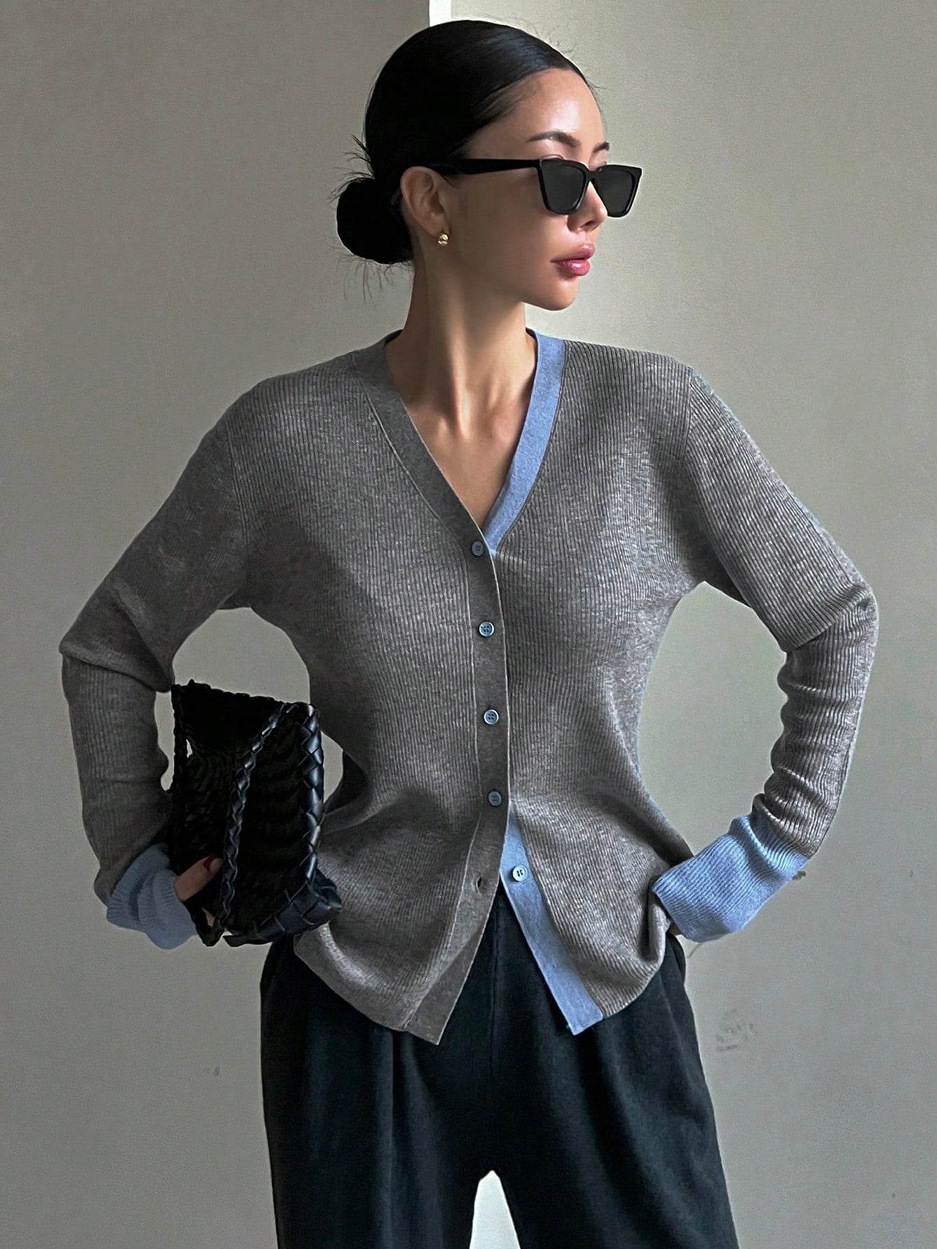 CM-CS444459 Women Casual Seoul Style Color-Block Trim Button-Up V-Neck Cardigan Sweater - Gray