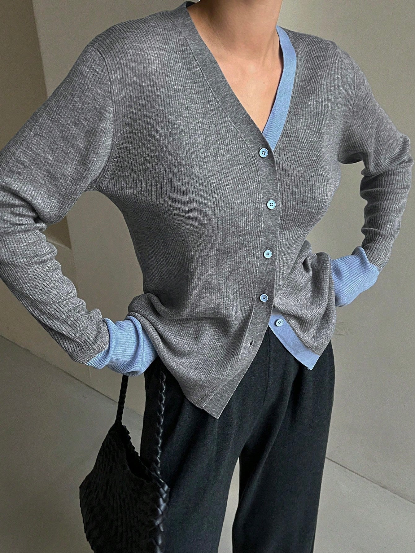 CM-CS444459 Women Casual Seoul Style Color-Block Trim Button-Up V-Neck Cardigan Sweater - Gray