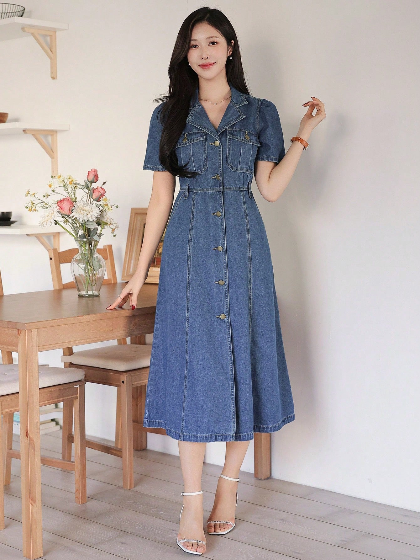 CM-DS616116 Women Casual Seoul Style Solid Color Topstitching Puff Sleeve Split Denim Dress - Blue