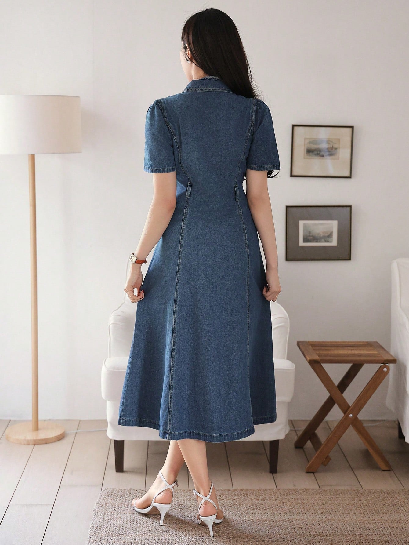 CM-DS616116 Women Casual Seoul Style Solid Color Topstitching Puff Sleeve Split Denim Dress - Blue