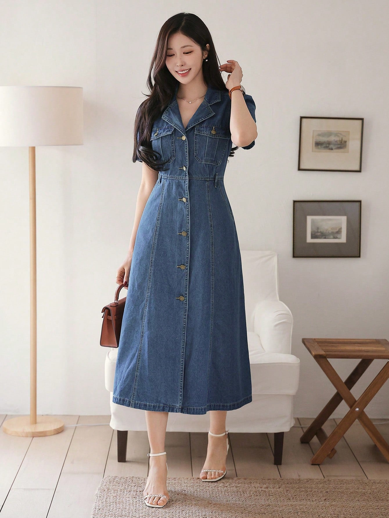 CM-DS616116 Women Casual Seoul Style Solid Color Topstitching Puff Sleeve Split Denim Dress - Blue
