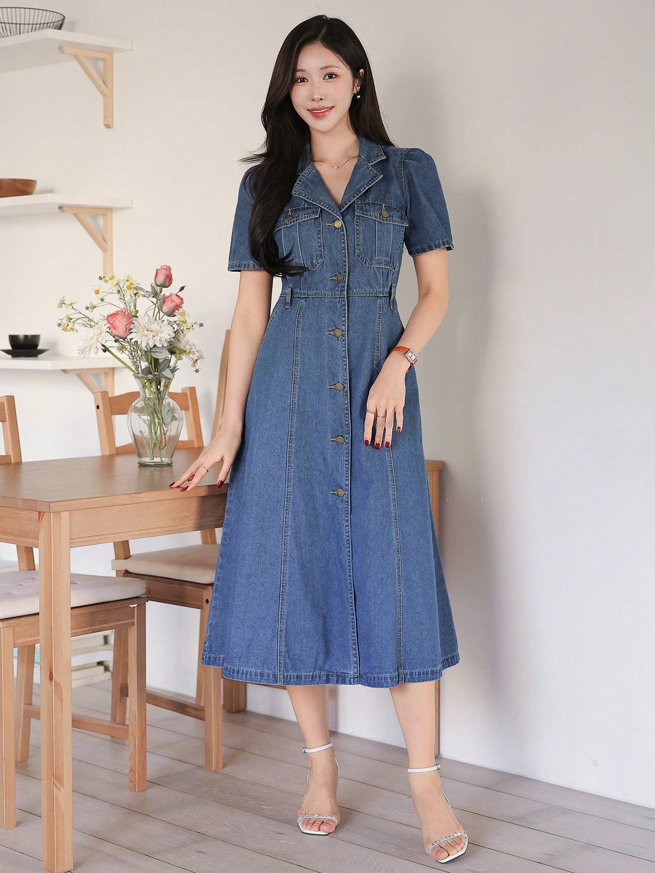 CM-DS616116 Women Casual Seoul Style Solid Color Topstitching Puff Sleeve Split Denim Dress - Blue