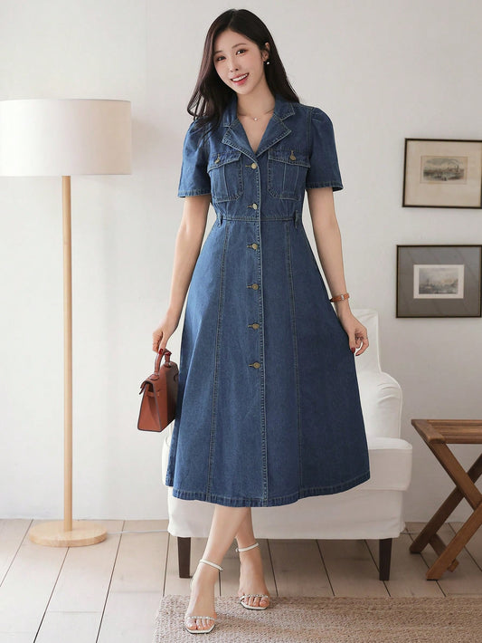 CM-DS616116 Women Casual Seoul Style Solid Color Topstitching Puff Sleeve Split Denim Dress - Blue