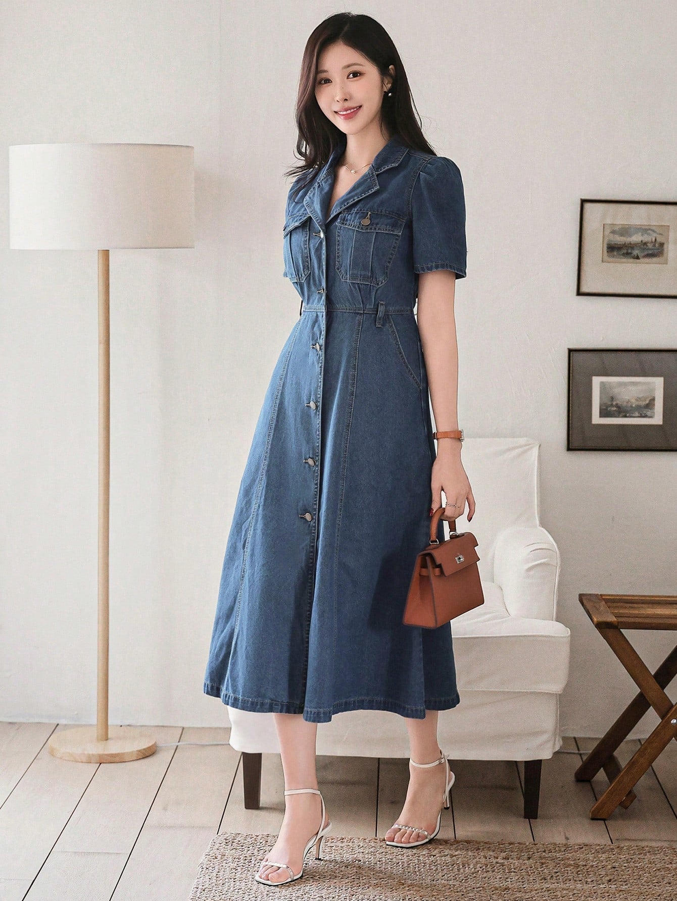 CM-DS616116 Women Casual Seoul Style Solid Color Topstitching Puff Sleeve Split Denim Dress - Blue