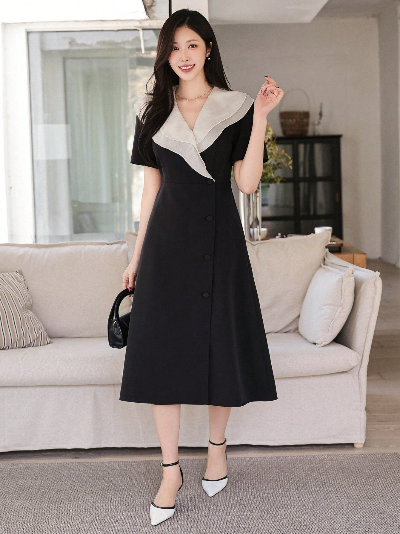CM-DS536613 Women Casual Seoul Style Contrast Color Ruffle Collar Mid-Length A-Line Dress