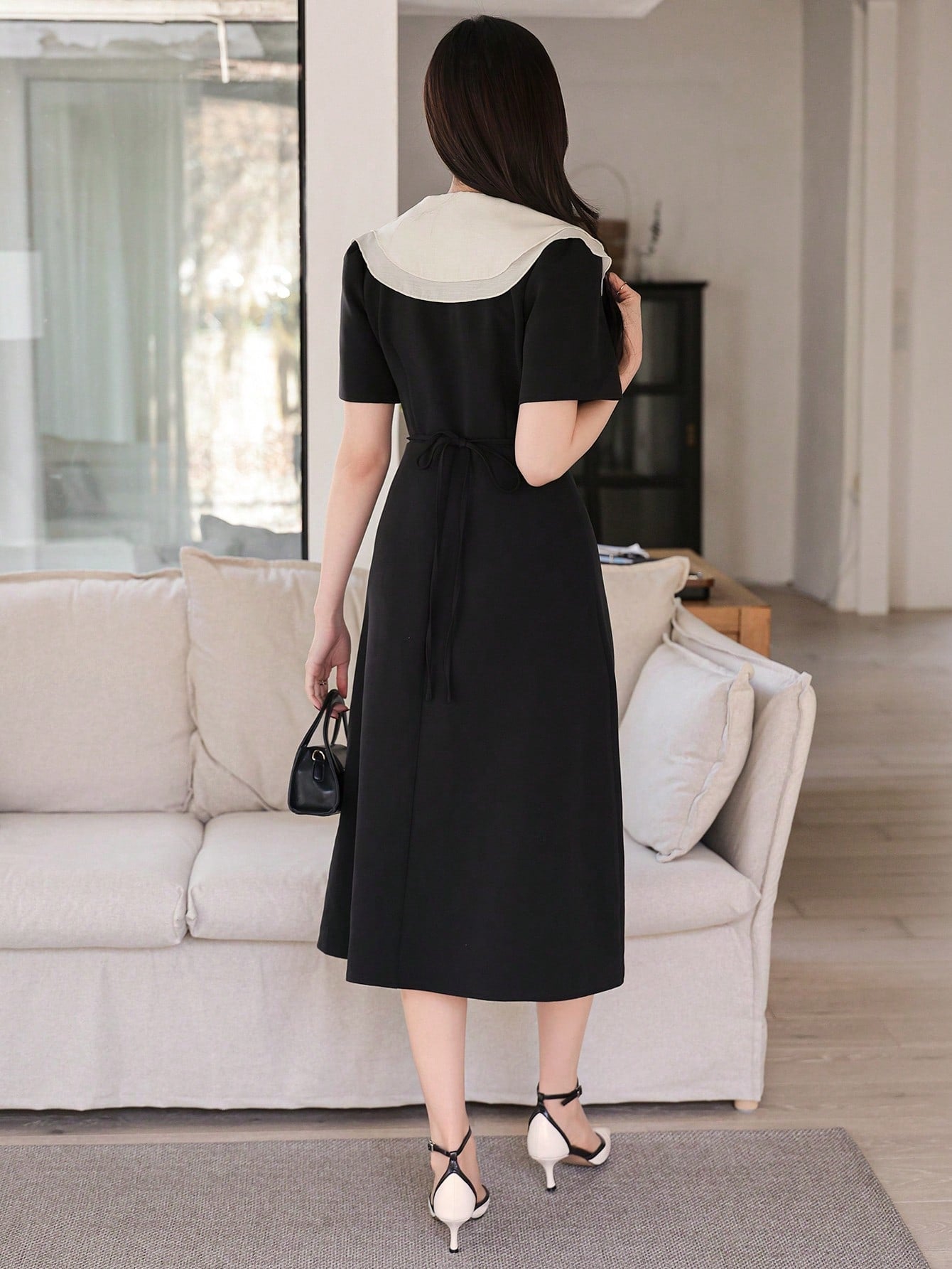 CM-DS536613 Women Casual Seoul Style Contrast Color Ruffle Collar Mid-Length A-Line Dress