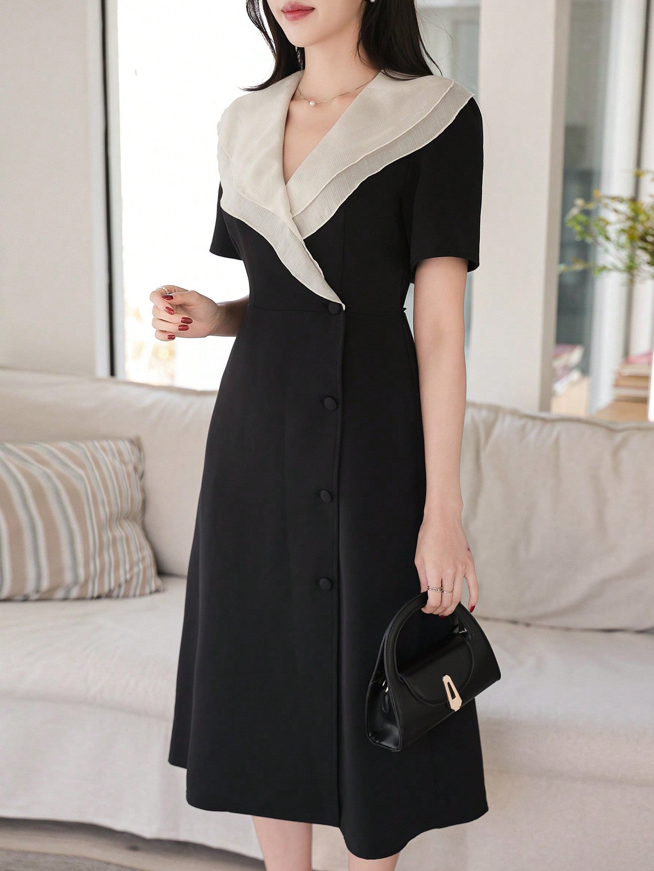 CM-DS536613 Women Casual Seoul Style Contrast Color Ruffle Collar Mid-Length A-Line Dress