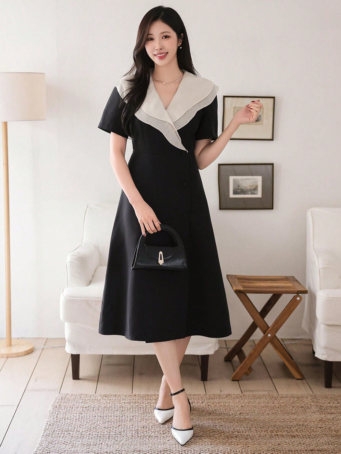 CM-DS536613 Women Casual Seoul Style Contrast Color Ruffle Collar Mid-Length A-Line Dress