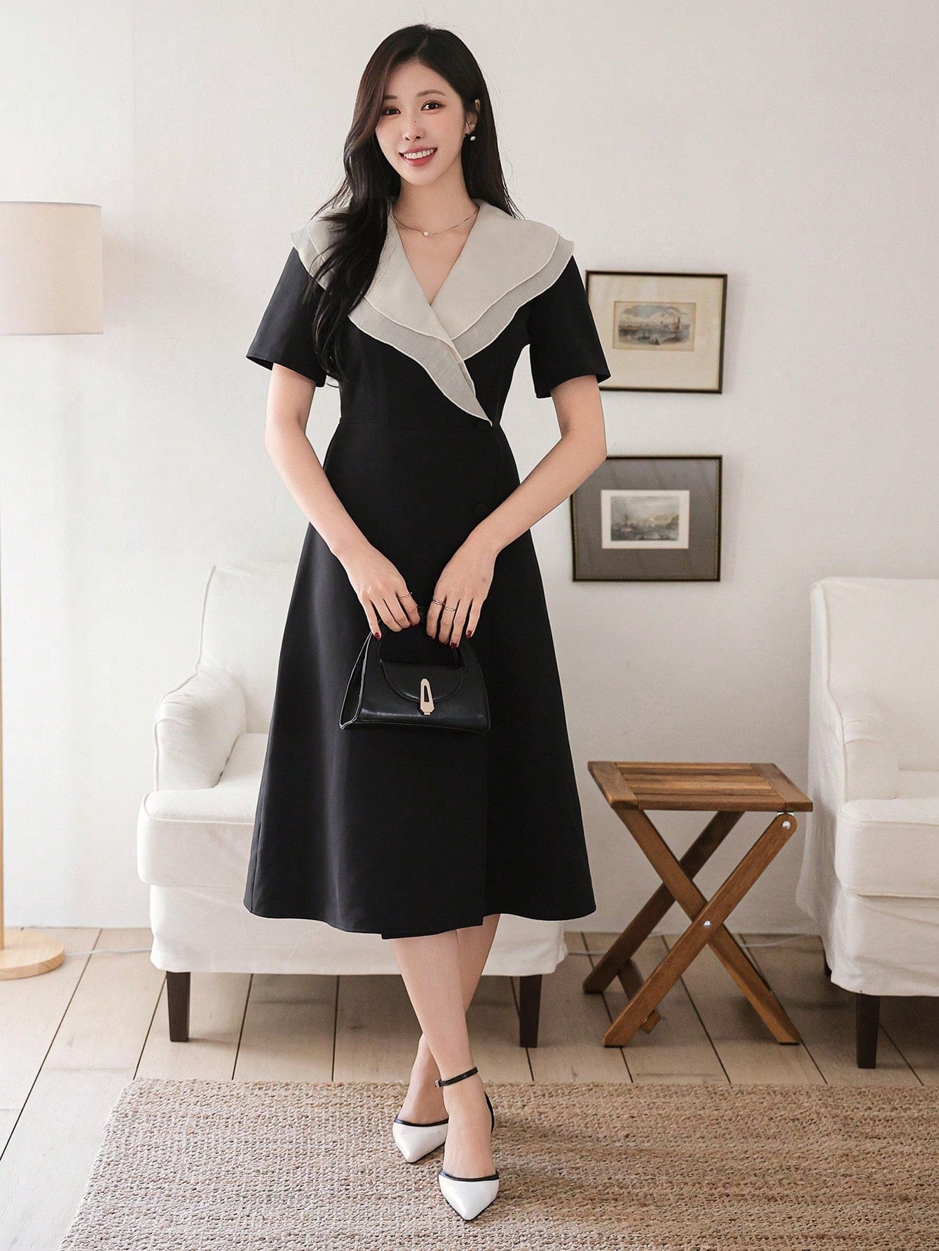 CM-DS536613 Women Casual Seoul Style Contrast Color Ruffle Collar Mid-Length A-Line Dress