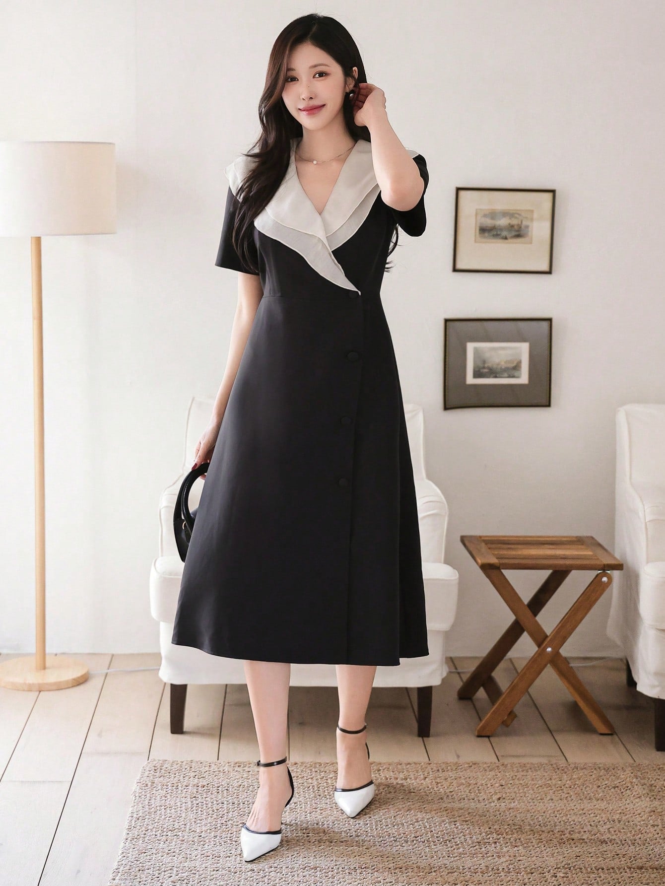 CM-DS536613 Women Casual Seoul Style Contrast Color Ruffle Collar Mid-Length A-Line Dress