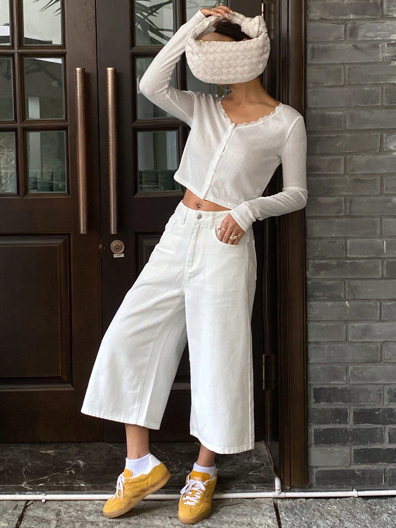CM-BS547722 Women Casual Seoul Style Loose Mid Waist Denim Bermuda Shorts - White