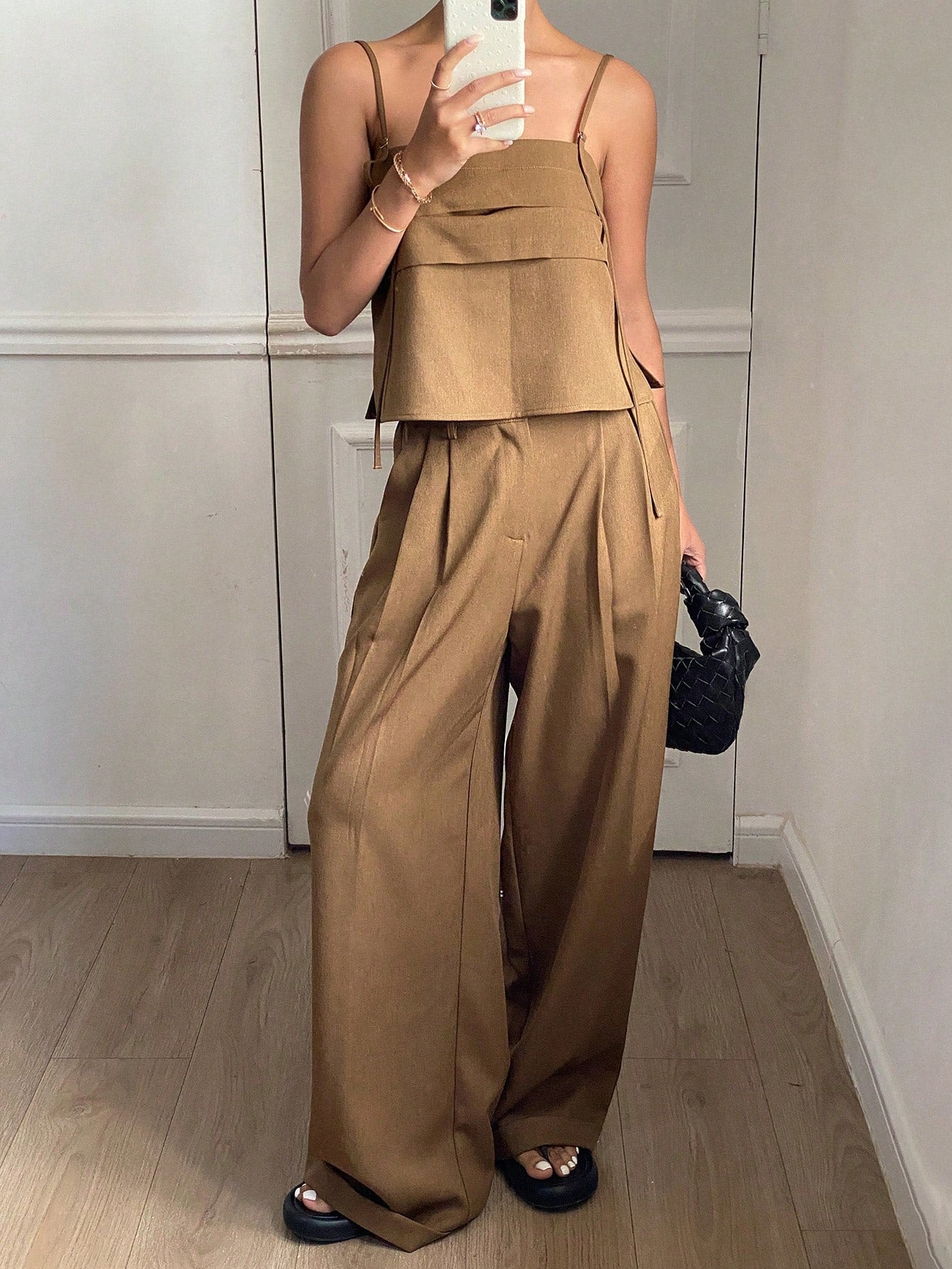 CM-SS861640 Women Trendy Bohemian Style Solid Color Fitted Camisole Top With Wide Leg Cuffed Pants - Set