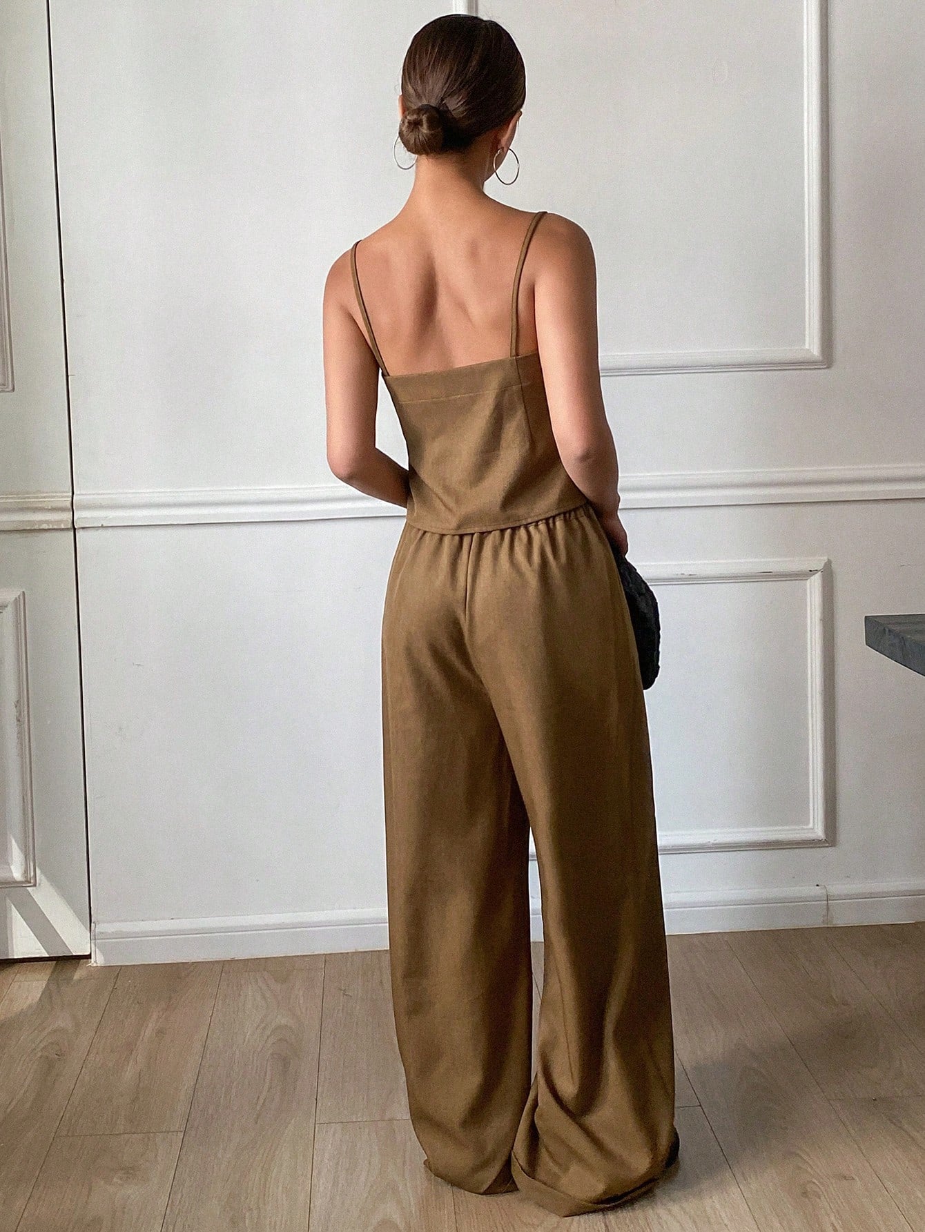 CM-SS861640 Women Trendy Bohemian Style Solid Color Fitted Camisole Top With Wide Leg Cuffed Pants - Set