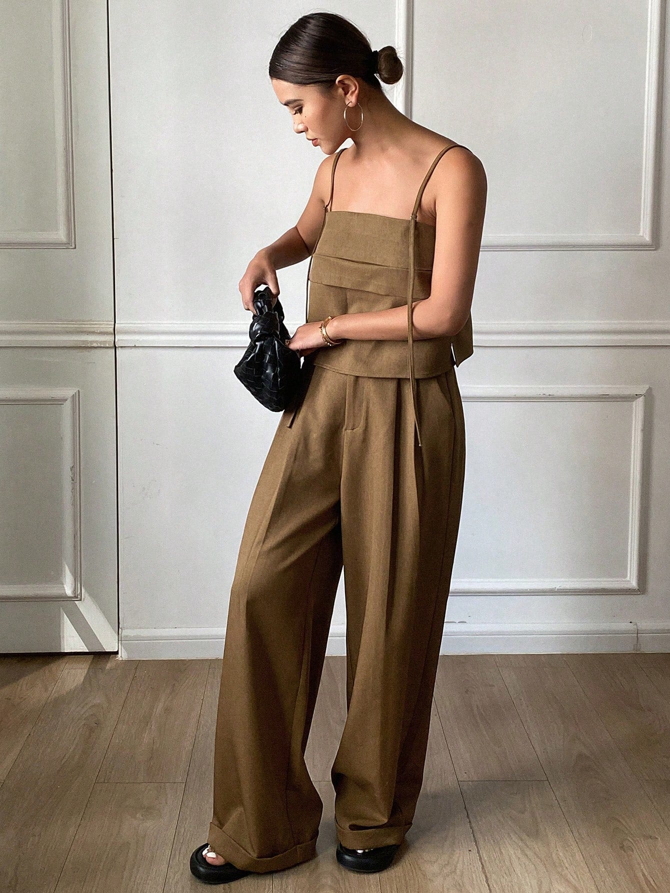 CM-SS861640 Women Trendy Bohemian Style Solid Color Fitted Camisole Top With Wide Leg Cuffed Pants - Set