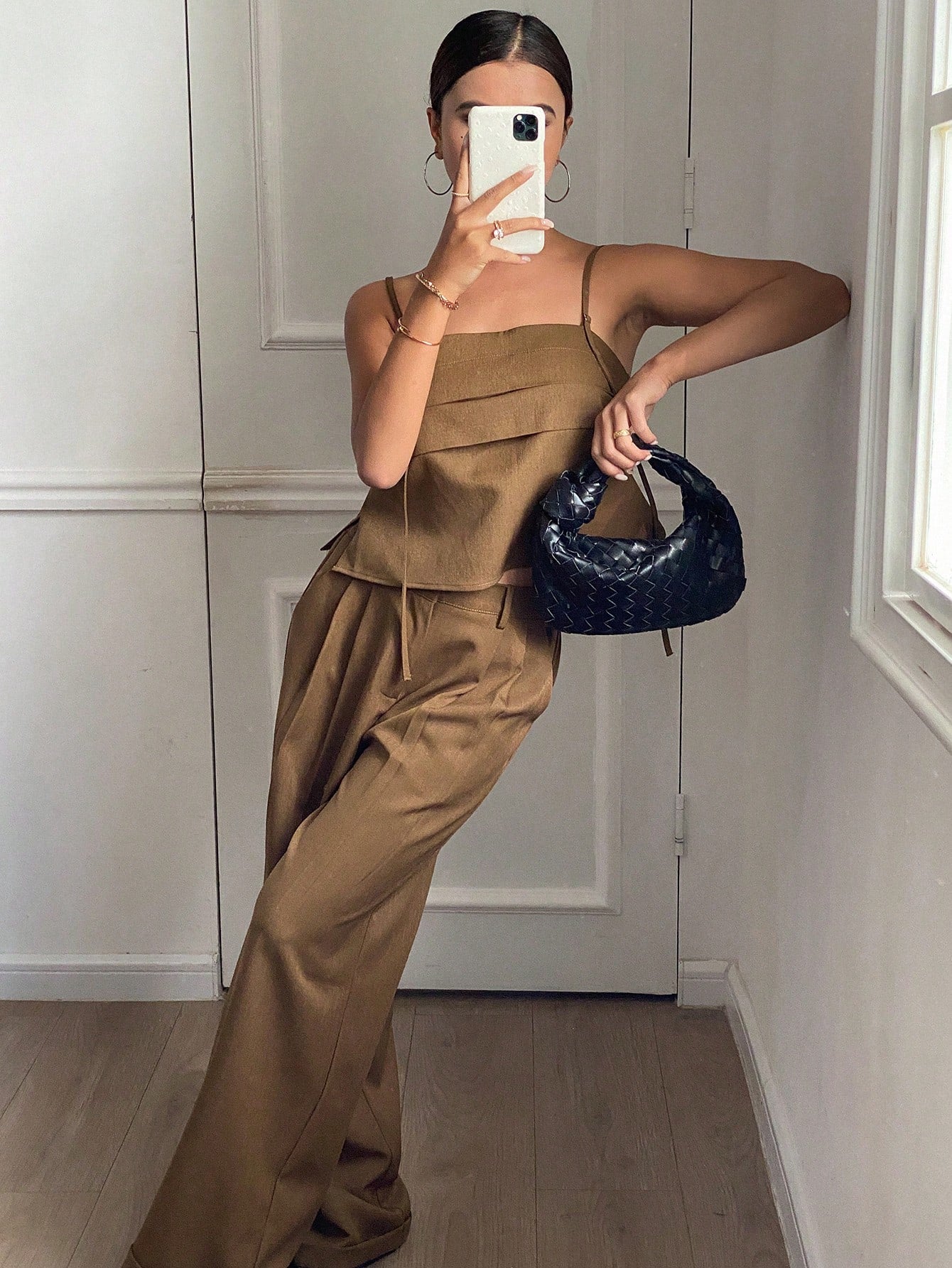 CM-SS861640 Women Trendy Bohemian Style Solid Color Fitted Camisole Top With Wide Leg Cuffed Pants - Set