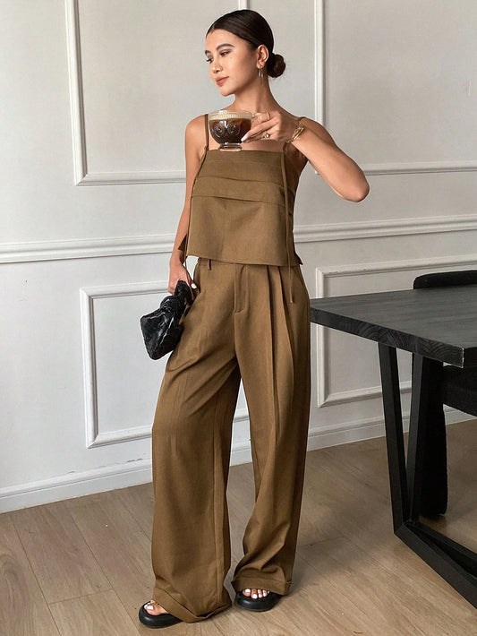 CM-SS861640 Women Trendy Bohemian Style Solid Color Fitted Camisole Top With Wide Leg Cuffed Pants - Set
