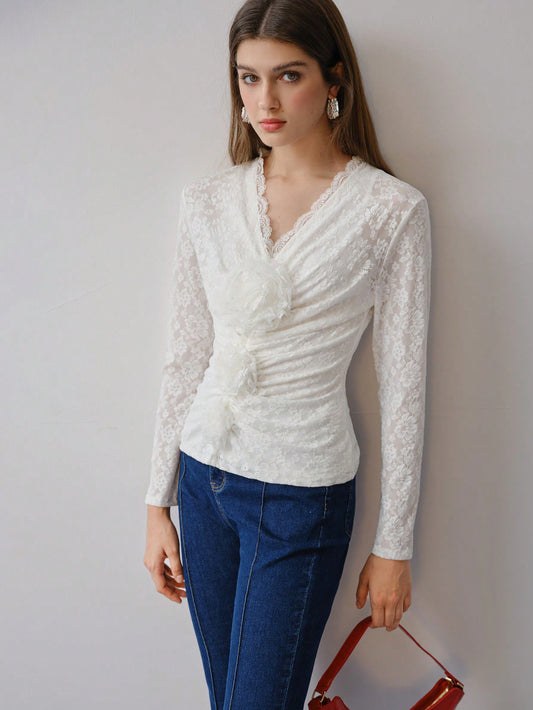 CM-TS426448 Women Elegant Seoul Style V-Neck Long Sleeve Lace Stereo Floral Ruched T-Shirt - White