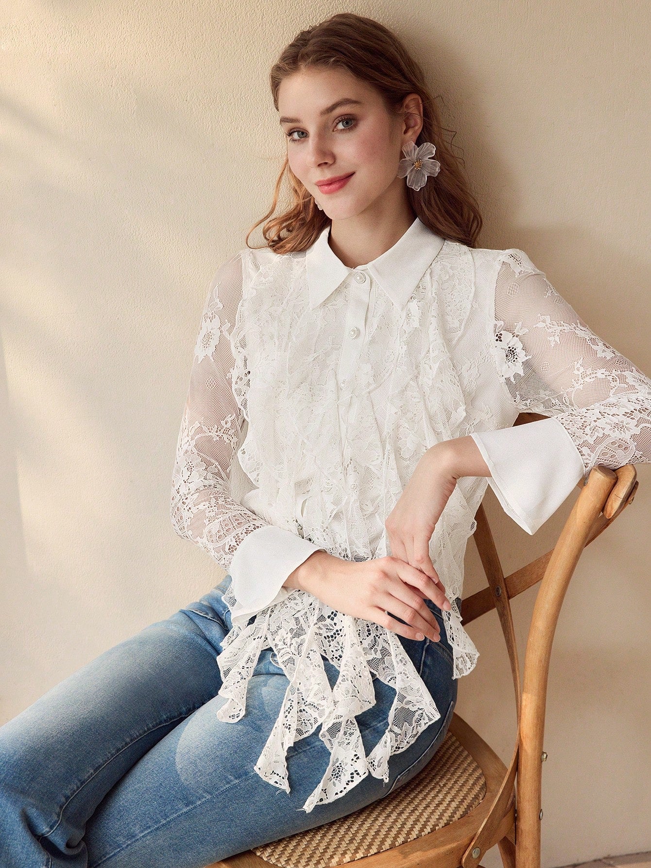 CM-TS939577 Women Elegant Seoul Style Collar Neckline Long Sleeve Contrast Lace Ruffle Trim Blouse - White