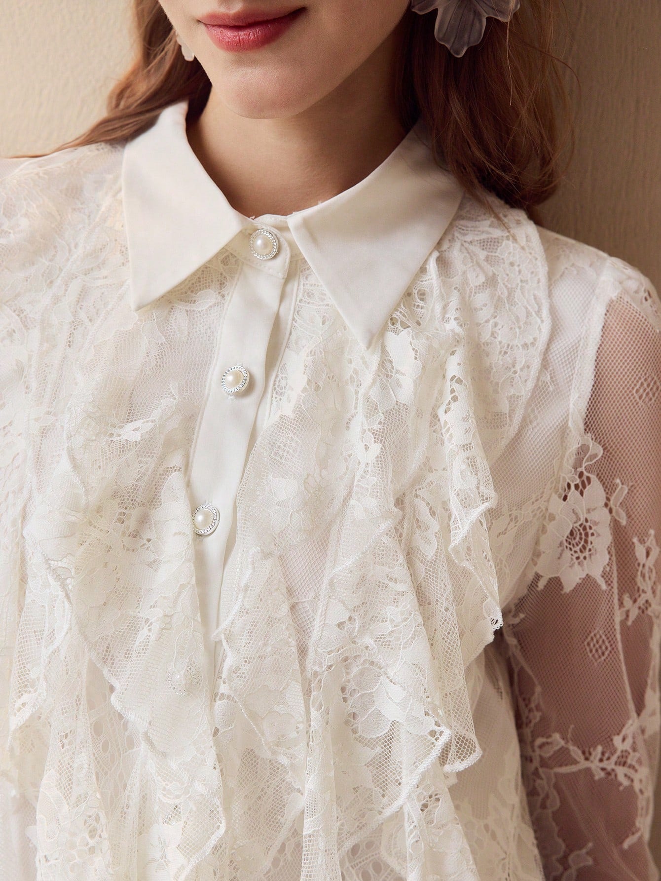 CM-TS939577 Women Elegant Seoul Style Collar Neckline Long Sleeve Contrast Lace Ruffle Trim Blouse - White